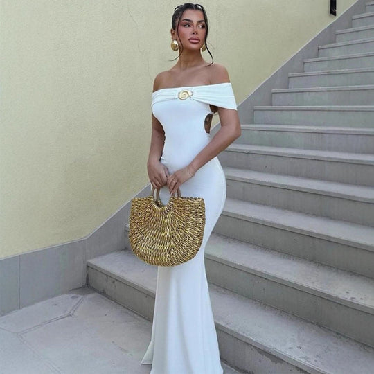 Damen Offshoulder Maxikleid mit raffiniertem Gürtel Heidi-Mode