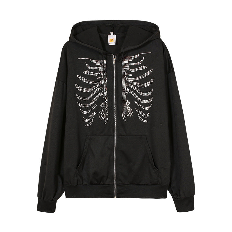Damen Kapuzenjacke mit einzigartigem Skelett-Design und funkelnden Strasssteinen Heidi-Mode