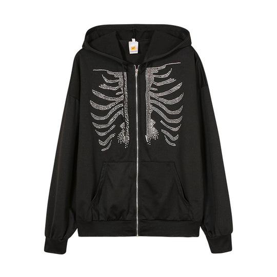 Damen Kapuzenjacke mit einzigartigem Skelett-Design und funkelnden Strasssteinen Heidi-Mode