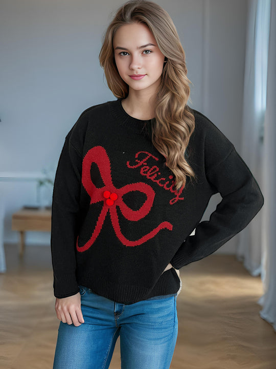 Damen kuscheliger Pullover mit verspielt gestalteter Schleifenapplikation Heidi-Mode