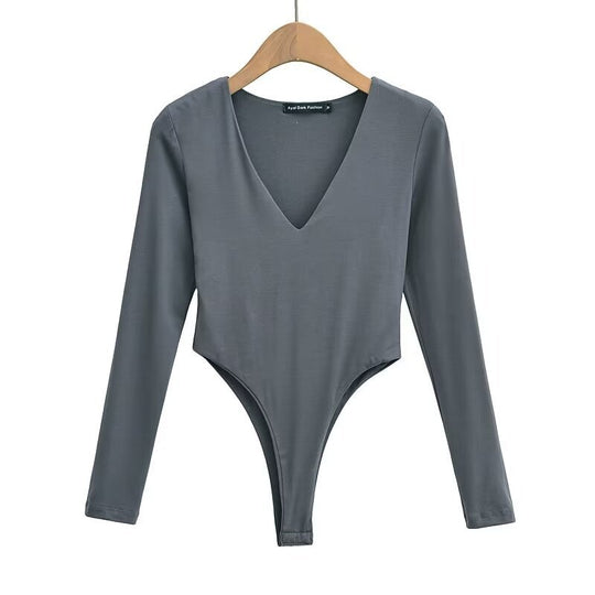Damen figurbetontes Langarmbodysuit mit tiefem V-Ausschnitt Heidi-Mode