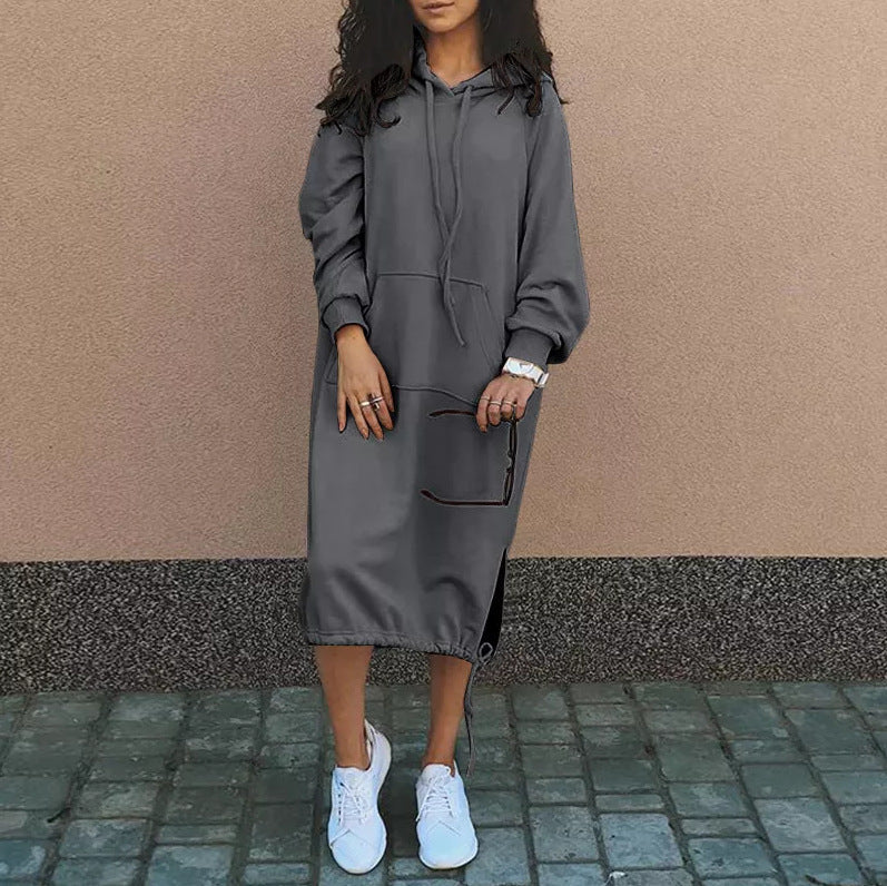Damen Casual Hoodie Kleid mit verstellbarem Kordelzug-Saum Heidi-Mode