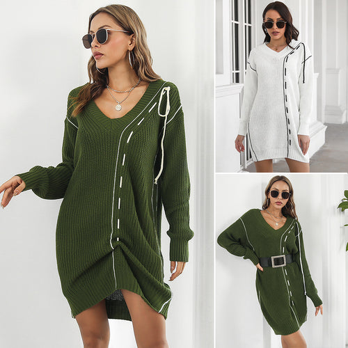 Damen Großer V-Ausschnitt Strickkleid mit dekorativen Nähten Heidi-Mode