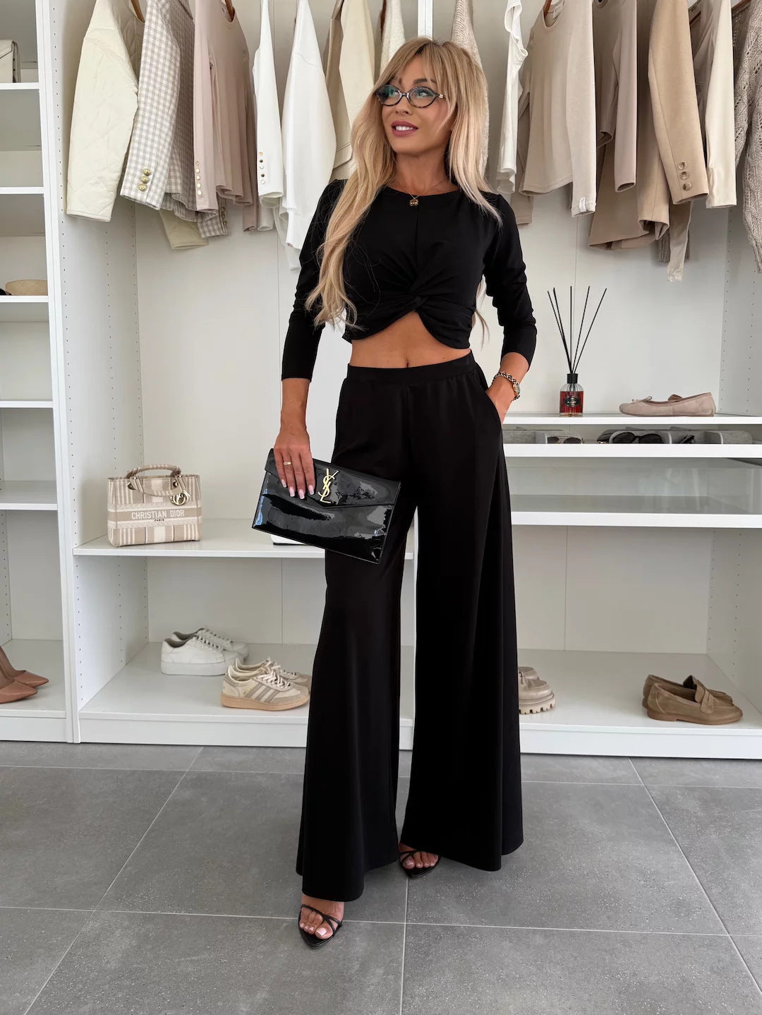 Damen Zweiteiliges Set mit elegantem Knoten-Oberteil und weitem Hose Heidi-Mode
