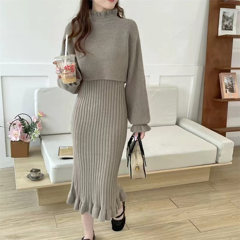 Damen Strickkleid mit hochgeschlossenem Kragen und Rippstruktur Heidi-Mode