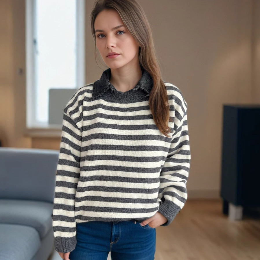 Damen lässiger Pullover mit strukturellem Streifenmuster und modischem Kragen Heidi-Mode