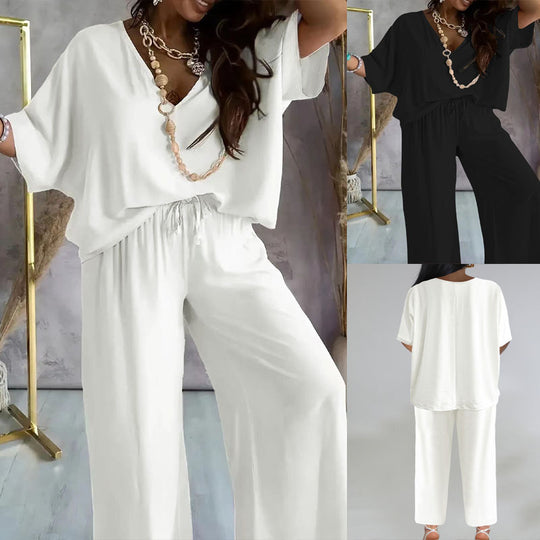 Damen Jumpsuit mit lässigem V-Ausschnitt und weitem Bein Heidi-Mode