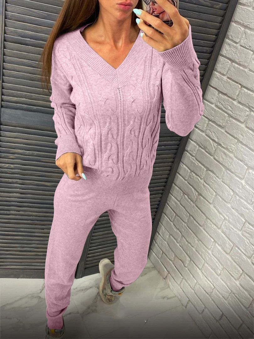 Damen Strickpullover und Jogginghose Set mit Zopfmuster Heidi-Mode