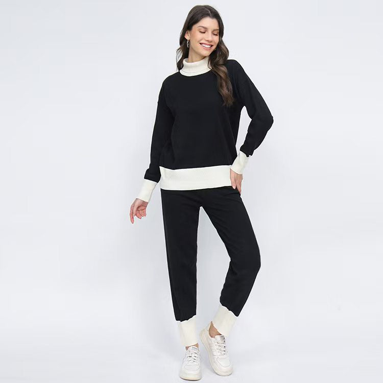 Damen komfortables Strick-Loungewear-Set mit hohem Kragen und elastischen Bündchen Heidi-Mode