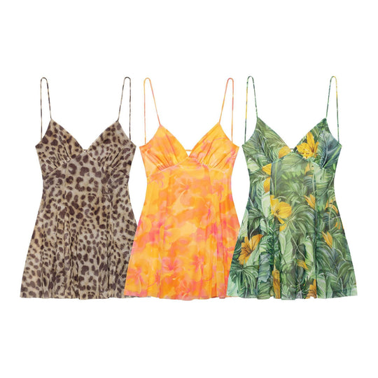 Damen Minikleid mit Floralem Muster und Feinen Spaghettiträgern Heidi-Mode