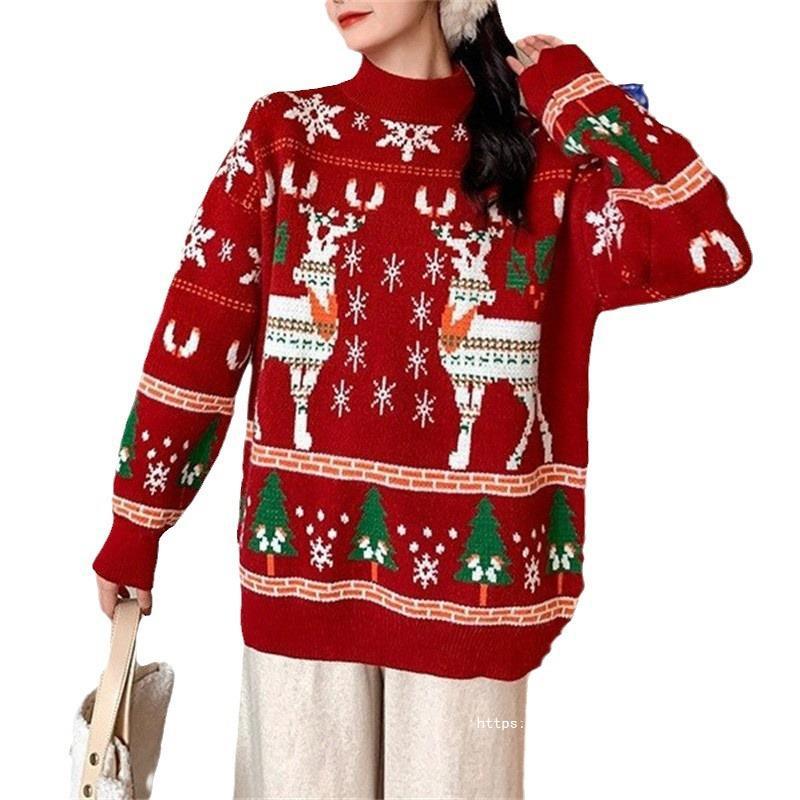 Damen Festlicher Pullover mit 3D-Rentier-Motiv und Hochkragen Heidi-Mode