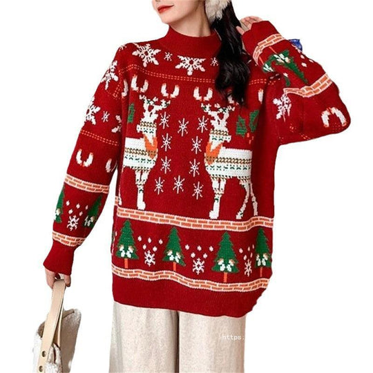Damen Festlicher Pullover mit 3D-Rentier-Motiv und Hochkragen Heidi-Mode