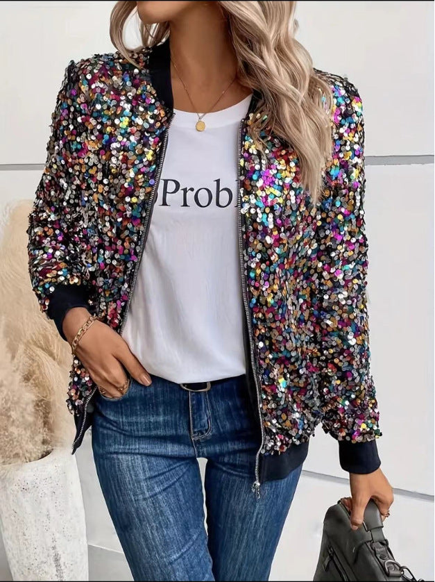 Damen Glitzer Bomberjacke mit funkelnden Pailletten und elastischen Bündchen Heidi-Mode