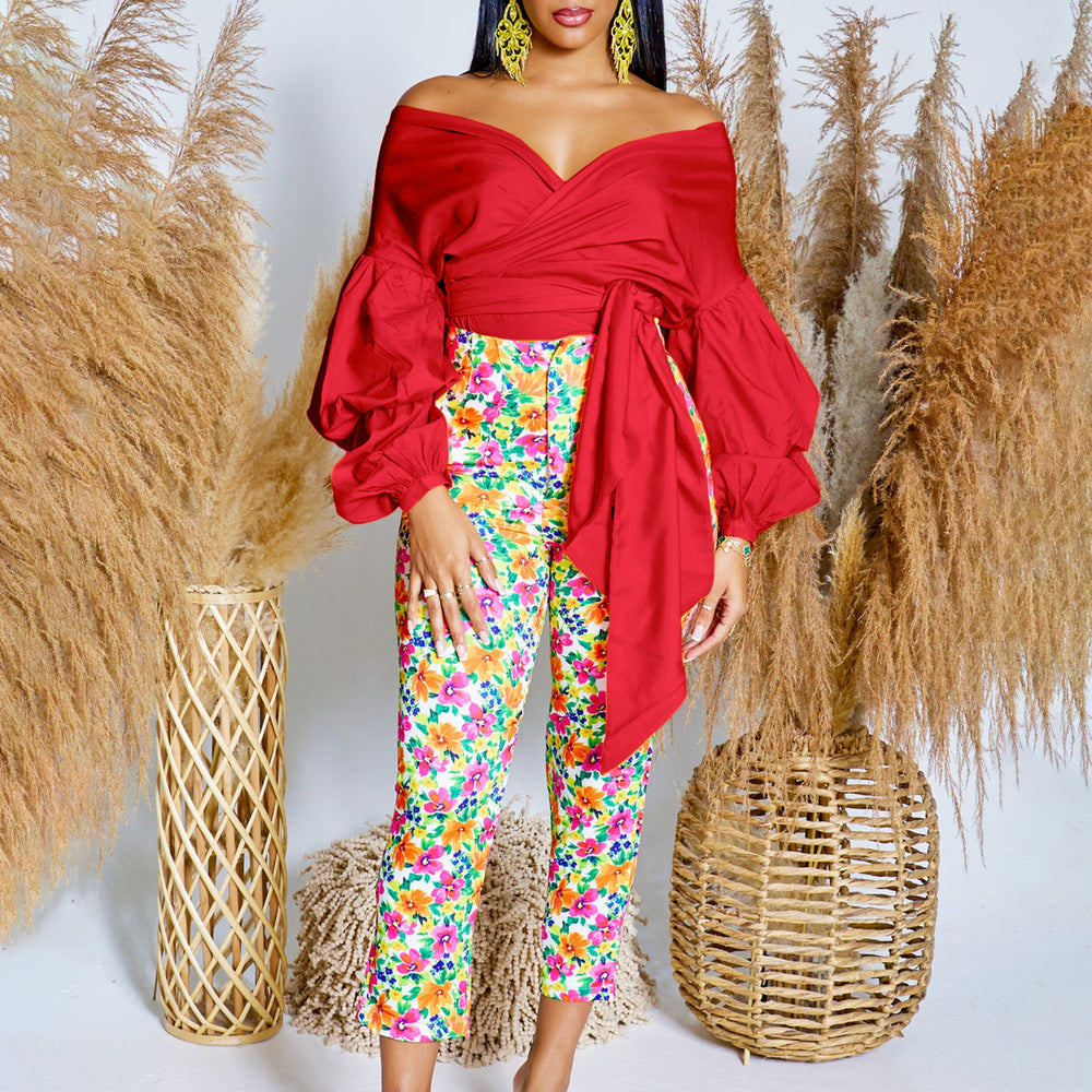 Damen Wickelbluse mit voluminösen Ärmeln und eleganter Schleifenbindung Heidi-Mode