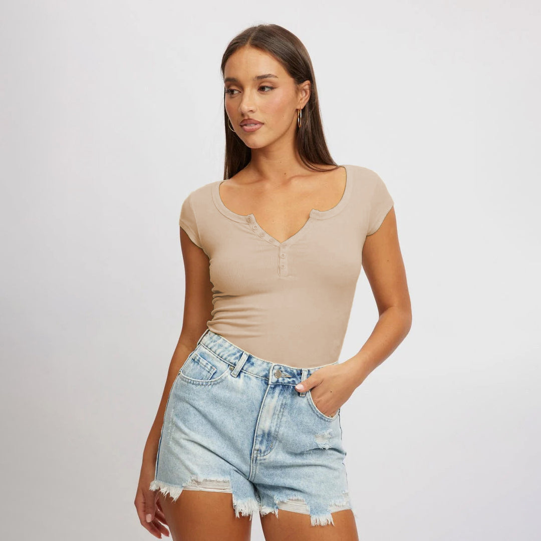 Damen figurbetontes Kurzarm-Basics T-Shirt mit Knopfleiste Heidi-Mode