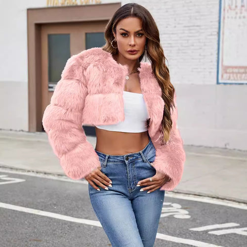 Damen Flauschige Kurzmantel aus Kunstfell mit puffartigen Ärmeln Heidi-Mode