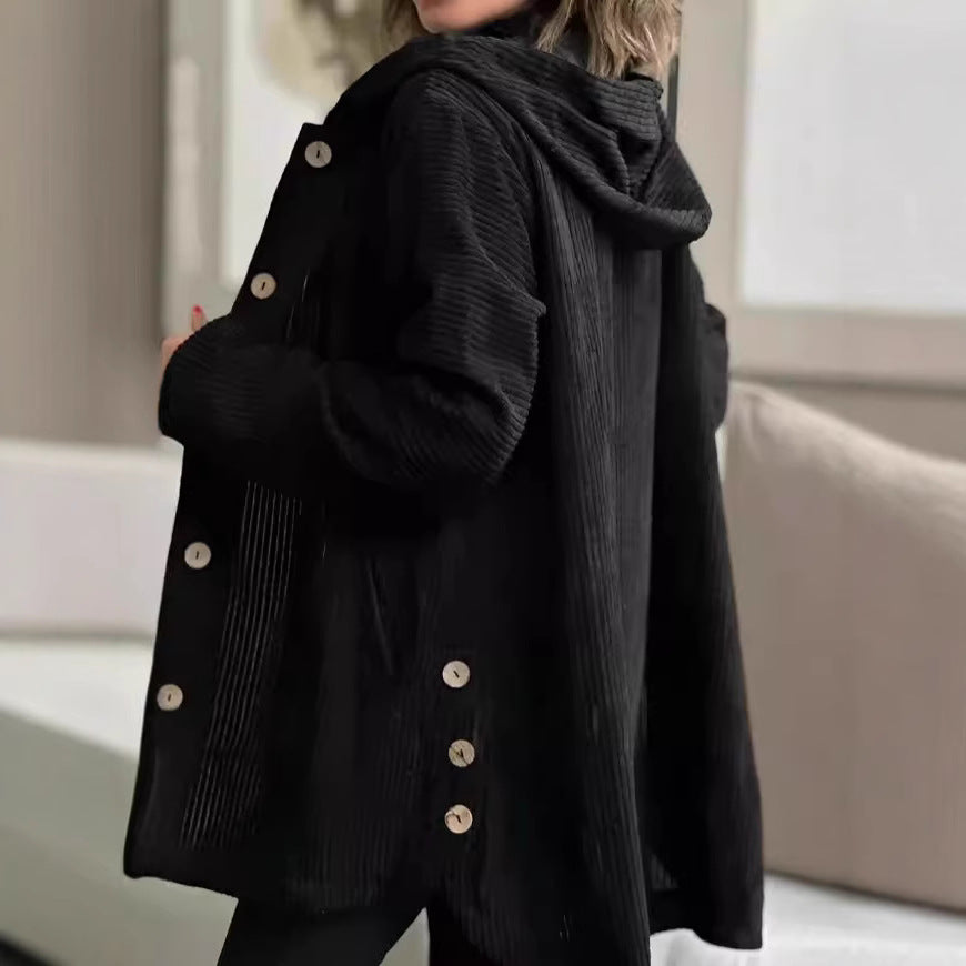Damen Wohlfühljacke aus Cord mit Kapuze und großen Knöpfen Heidi-Mode