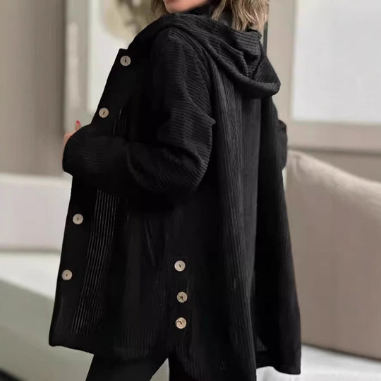 Damen Wohlfühljacke aus Cord mit Kapuze und großen Knöpfen Heidi-Mode