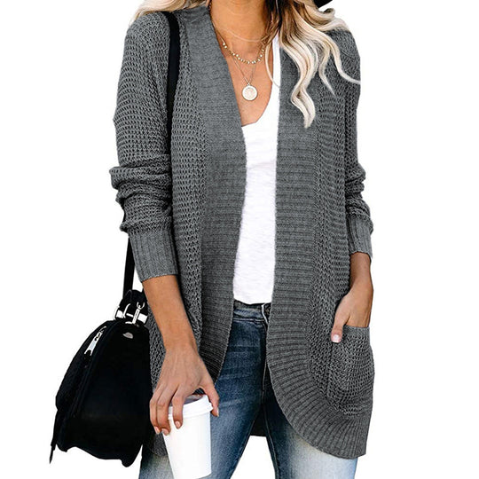 Damen lässige Strickjacke mit Taschen und offener Front Heidi-Mode