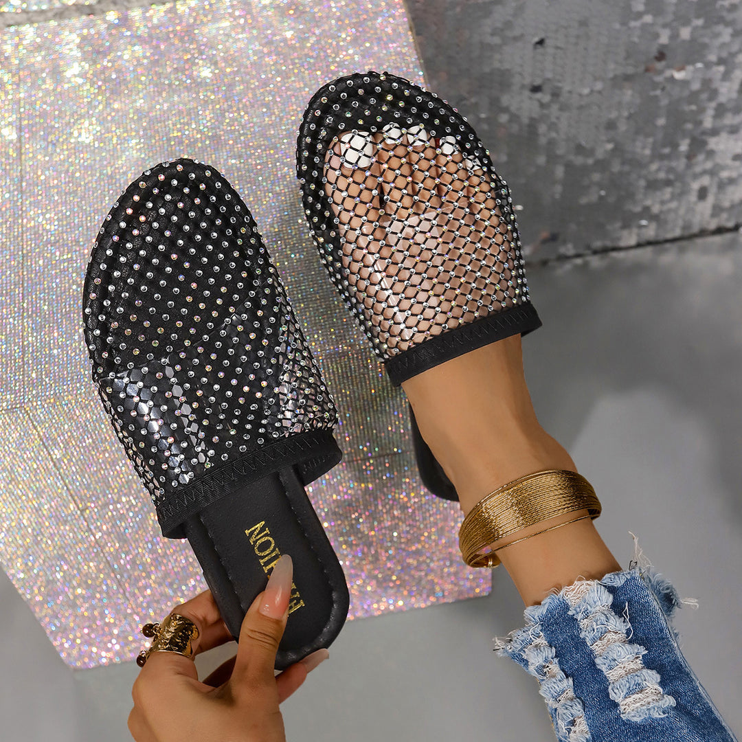 Damen Pantolette mit funkelnden Strassapplikationen und elegantem Netzdesign Heidi-Mode