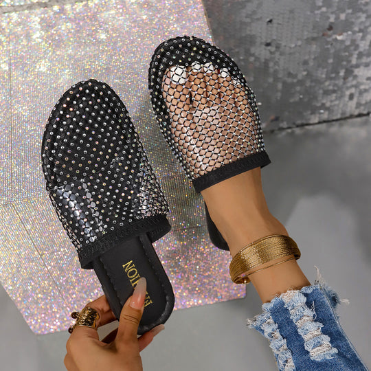 Damen Pantolette mit funkelnden Strassapplikationen und elegantem Netzdesign Heidi-Mode
