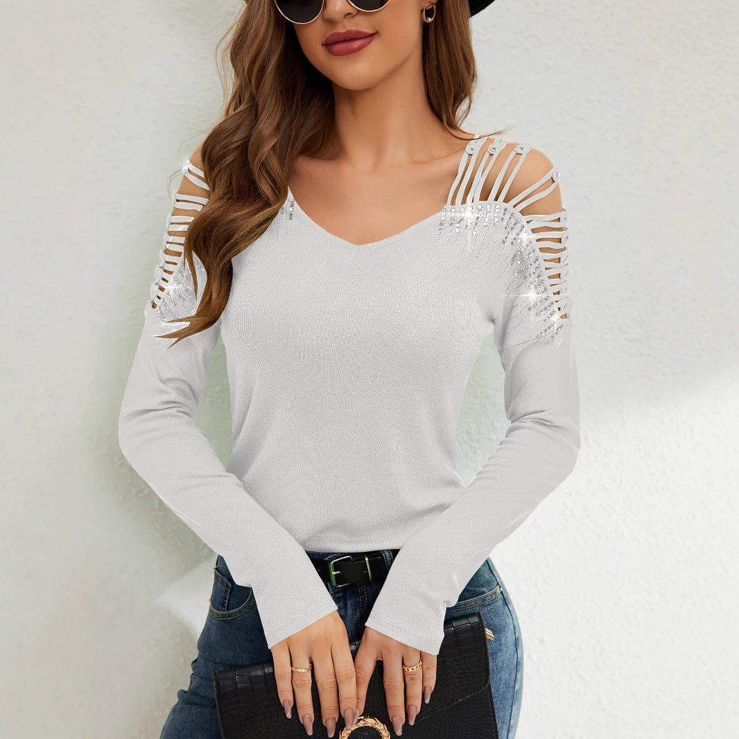 Damen Langarmshirt mit offenen Schultern und Strassverzierung Heidi-Mode