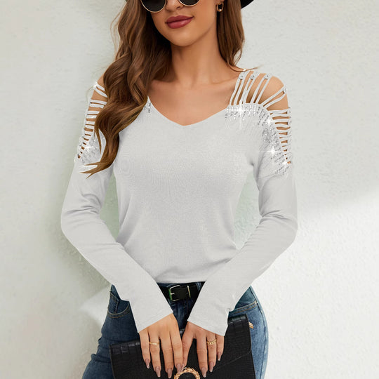 Damen Langarmshirt mit offenen Schultern und Strassverzierung Heidi-Mode