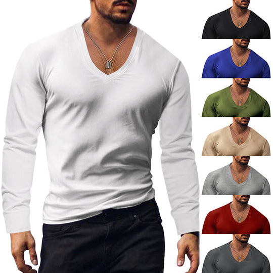 Herren V-Ausschnitt Langarmshirt aus weichem Baumwollmix mit figurbetonter Passform Heidi-Mode