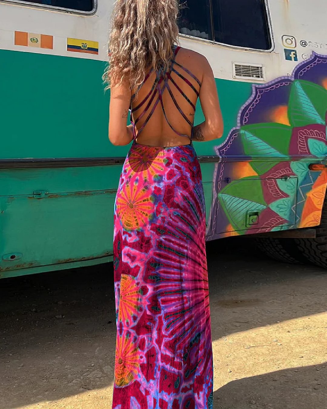 Heidi-Mode | Maxi Kleid mit Kordelzug und Batikdruck