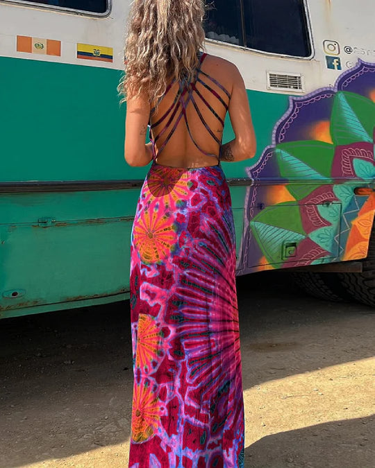Heidi-Mode | Maxi Kleid mit Kordelzug und Batikdruck