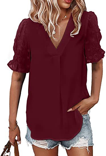 Heidi-Mode | V-Ausschnitt Kurzarm Pom Pom Locker Sitzende Bluse