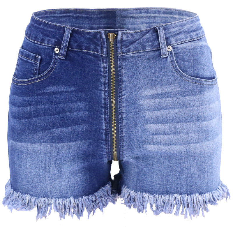 Damen Jeansshorts mit fransigem Saum und innovativem Reißverschlussdesign Heidi-Mode
