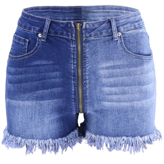 Damen Jeansshorts mit fransigem Saum und innovativem Reißverschlussdesign Heidi-Mode