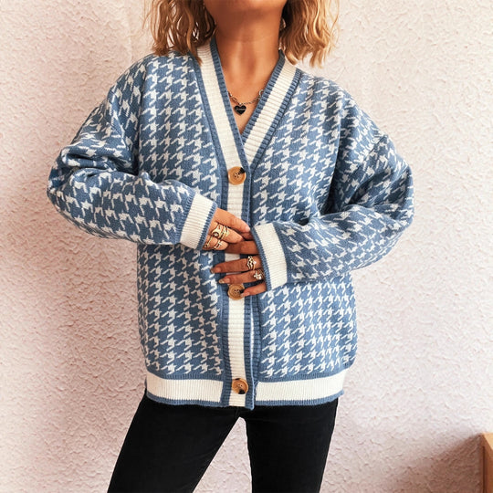 Damen lässiger Strickcardigan mit modischem Hahnentritt-Muster und Holzknöpfen Heidi-Mode