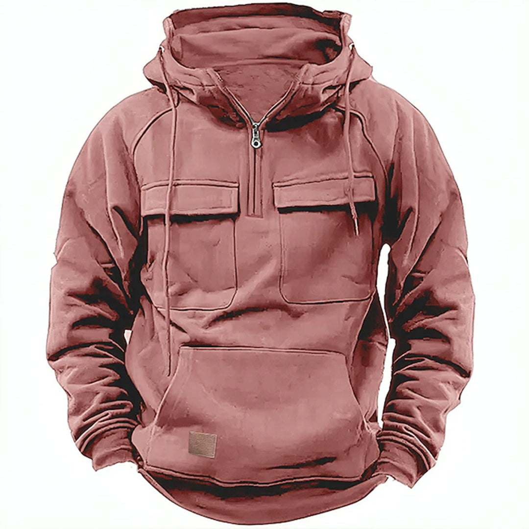 Herren Utility Hoodie mit aufgesetzten Taschen und halbem Reißverschluss Heidi-Mode