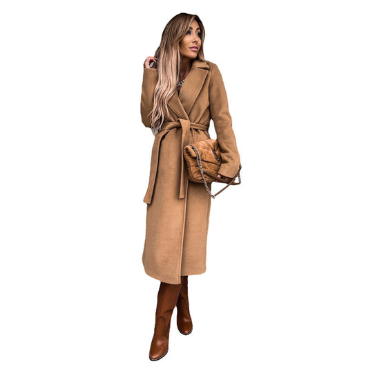 Damen eleganter langes Wollmantel mit Bindegürtel und klassischem Revers Heidi-Mode