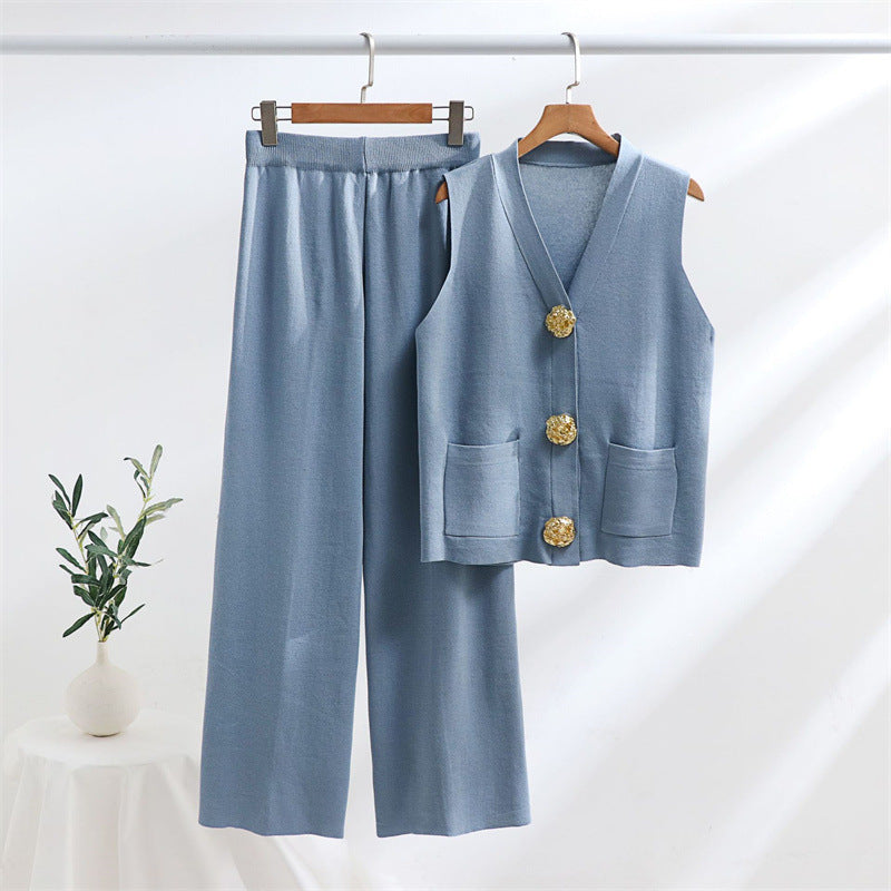 Damen elegantes Strick-Loungewear-Set mit Knopfdetaillierung Heidi-Mode
