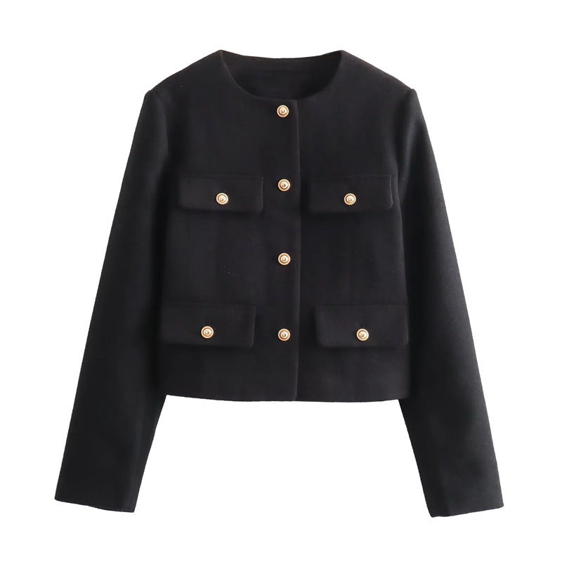Damen Modische Kurzjacke mit dekorativen Knöpfen und praktischen Taschen Heidi-Mode