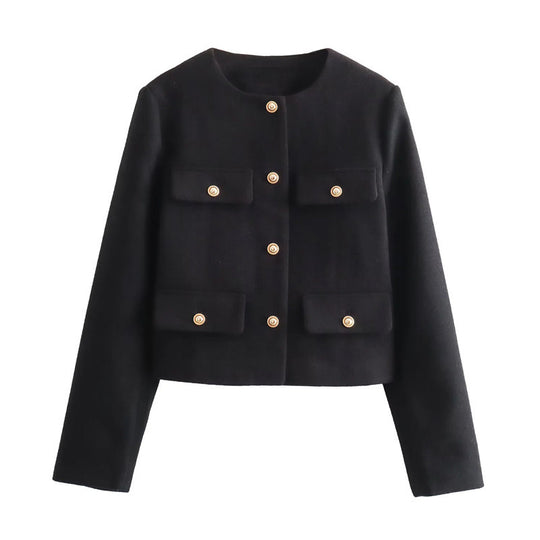 Damen Modische Kurzjacke mit dekorativen Knöpfen und praktischen Taschen Heidi-Mode