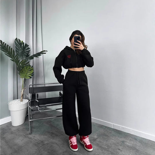 Damen lässiges Cropped Hoodie-Set mit weiten Jogginghosen Heidi-Mode