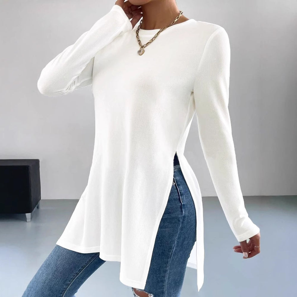 Damen asymmetrisches Longsleeve-Oberteil mit seitlichen Schlitzen und lässigem Schnitt Heidi-Mode