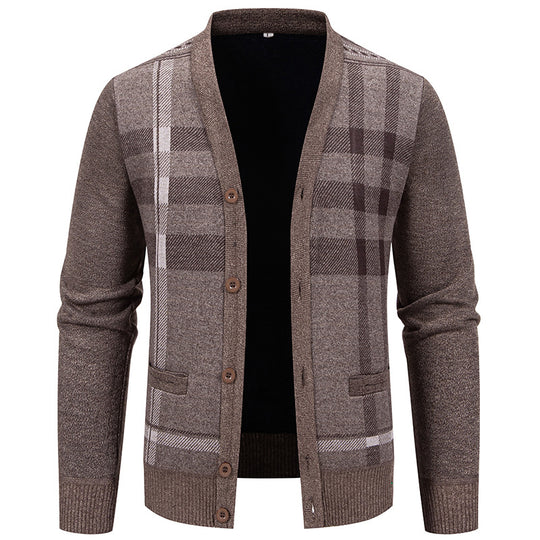 Herren stilvolle Strickjacke mit modernem Karomuster und praktischen Taschen Heidi-Mode