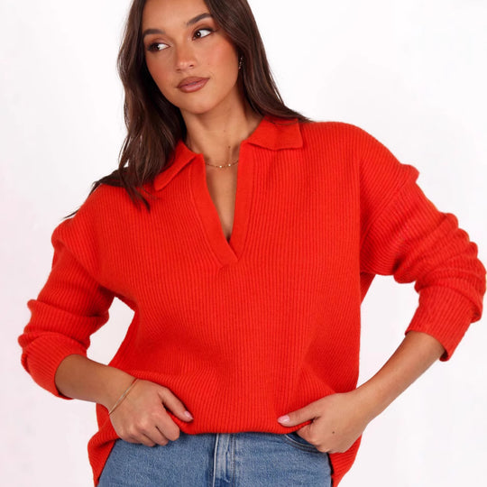Damen lässiger Strickpullover mit modernem V-Ausschnitt und weit geschnittenen Ärmeln Heidi-Mode