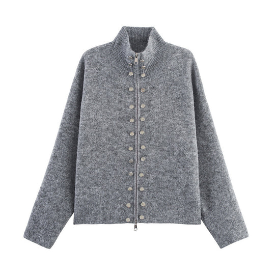 Damen modischer Strickpullover mit stilvollem Reißverschluss und dekorativen Knöpfen Heidi-Mode