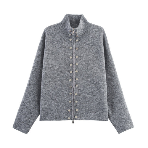 Damen modischer Strickpullover mit stilvollem Reißverschluss und dekorativen Knöpfen Heidi-Mode