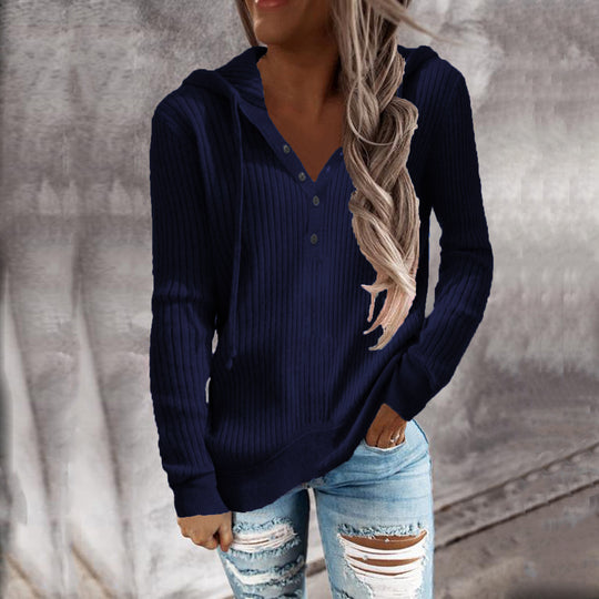 Damen Kapuzenpullover mit feinem Rippstrick und Knopfleiste Heidi-Mode