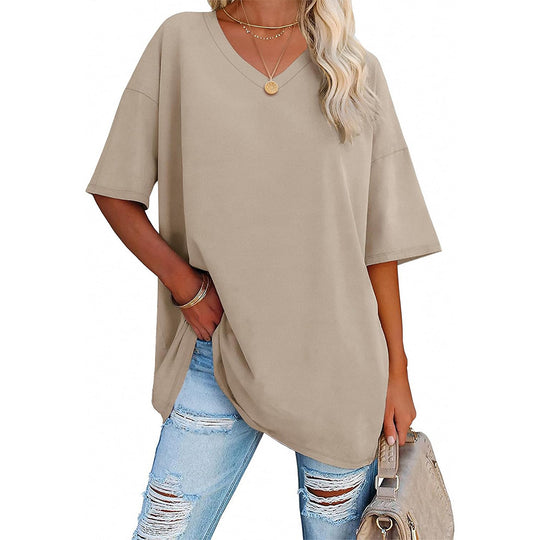 Damen Oversized T-Shirt mit V-Ausschnitt und seitlichen Schlitzen Heidi-Mode
