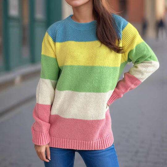 Damen lässiger Strickpullover mit bunten Blockstreifen und weitem Schnitt Heidi-Mode