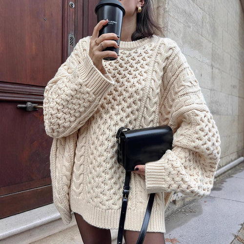 Damen Oversized Strickpullover mit Zopfmuster Heidi-Mode