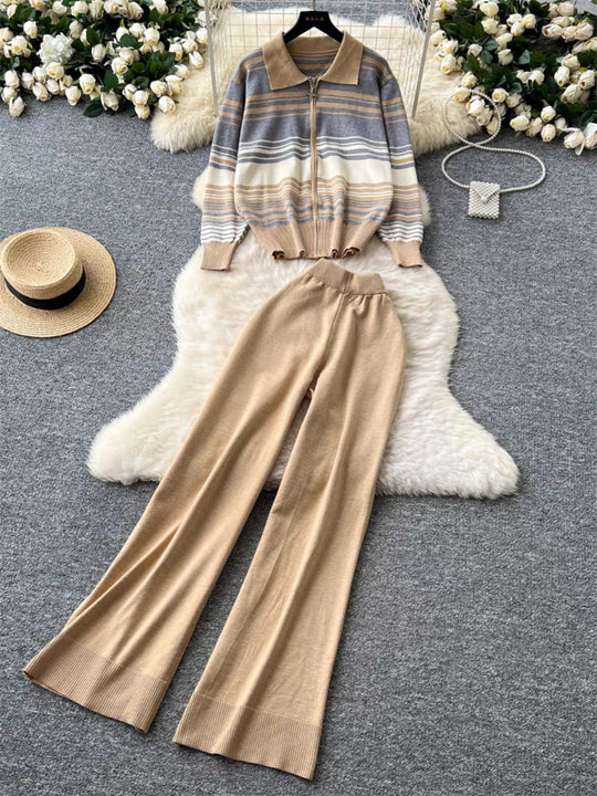 Damen modisches Freizeit-Loungewear-Set mit Reißverschluss und breitem Bein Heidi-Mode